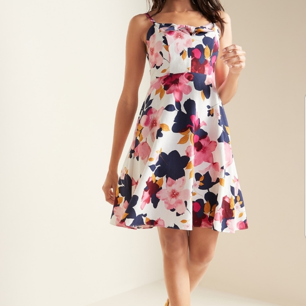 Floral-Print Tie-Front Linen-Blend Fit &FlareDress